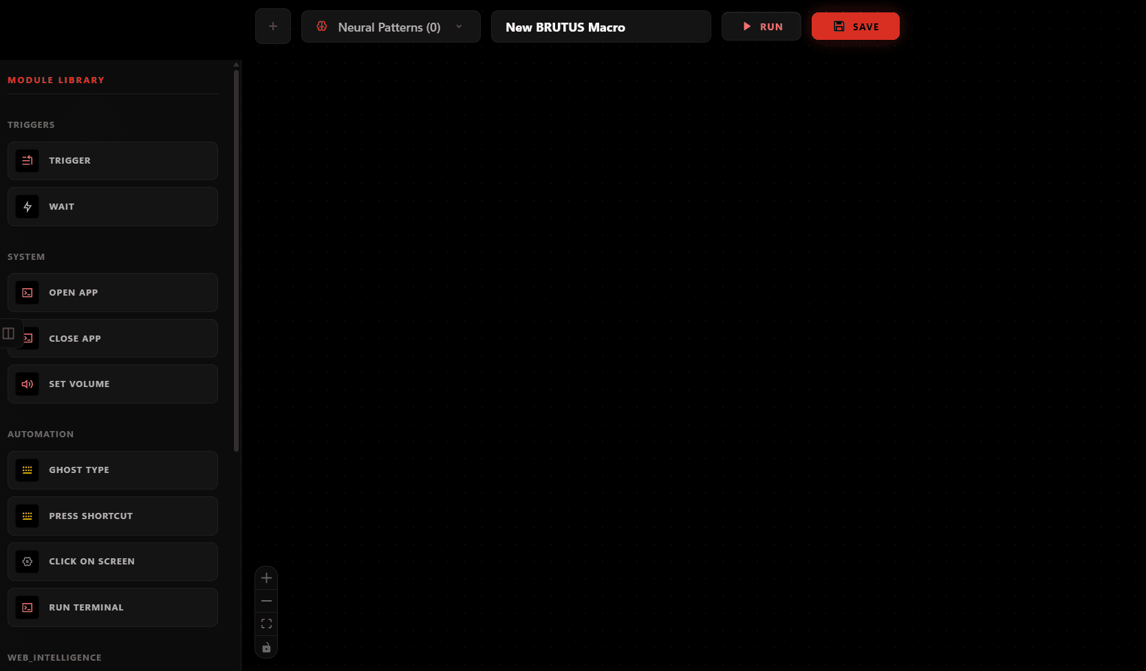 The Macros builder: a module library listing trigger, wait, open app, close app, set volume, ghost type, press shortcut, click on screen and run terminal blocks beside an empty macro canvas