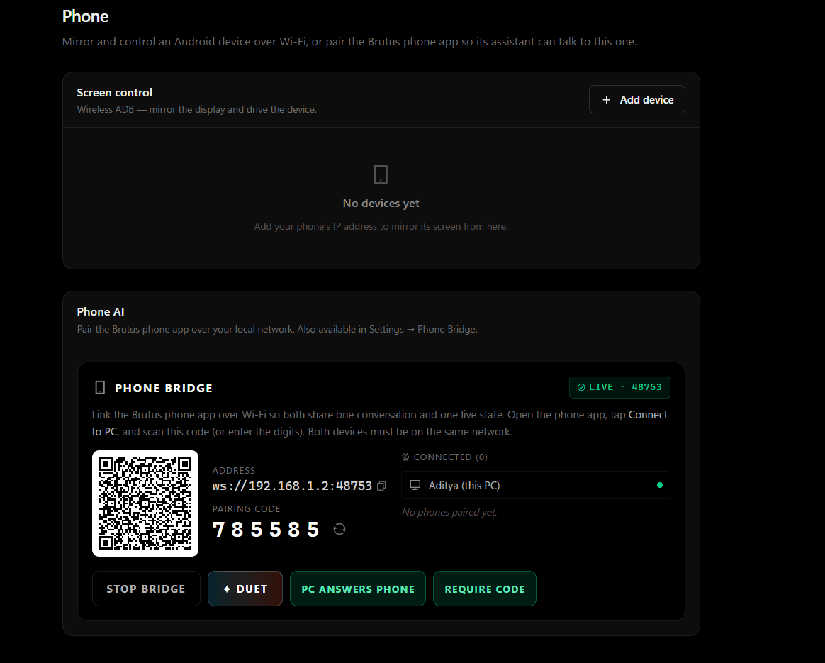 The Phone tab: a screen-control panel for adding a device by IP, and a phone bridge panel showing a pairing QR code, a local address, a rotating pairing code and duet handoff controls