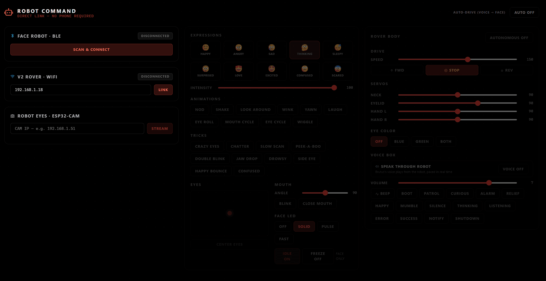 The Robot command tab: Bluetooth, rover and camera connection panels on the left, a grid of ten expressions with animation and trick buttons in the middle, and servo, eye colour and voice box sliders on the right