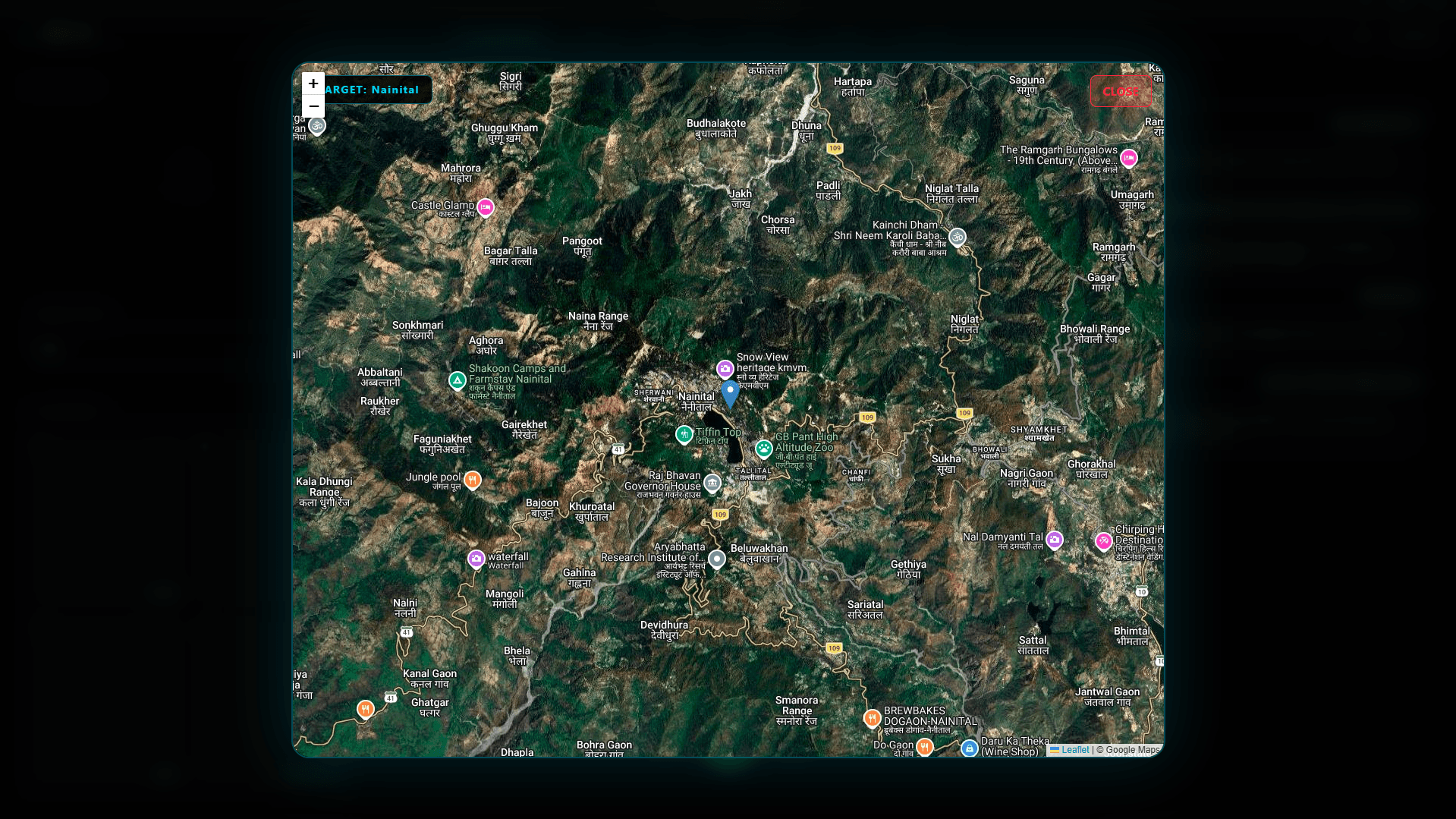 A map window open inside Brutus, showing satellite terrain around Nainital with labelled landmarks and a target marker