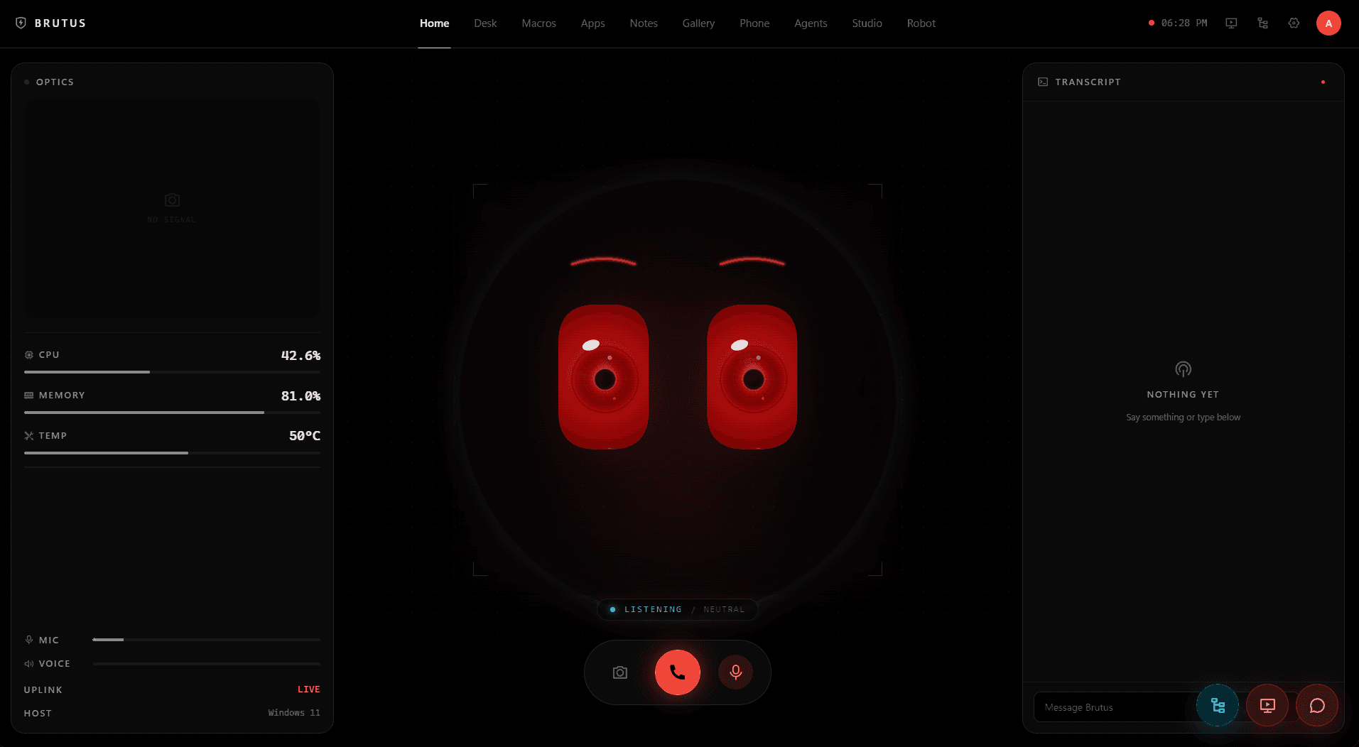 The Brutus desktop app: red robot eyes front and centre marked LISTENING, a live transcript panel, and camera, CPU, memory and temperature readouts