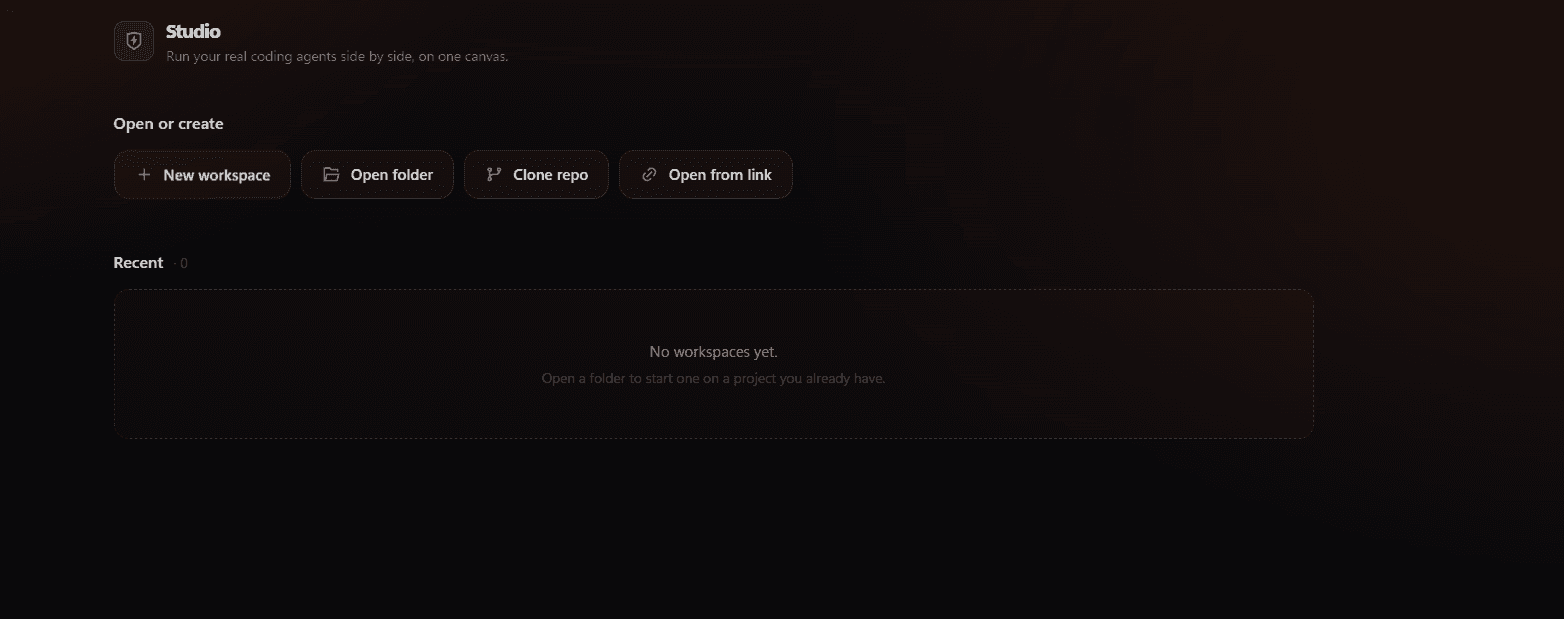 The Studio start screen with New workspace, Open folder, Clone repo and Open from link options